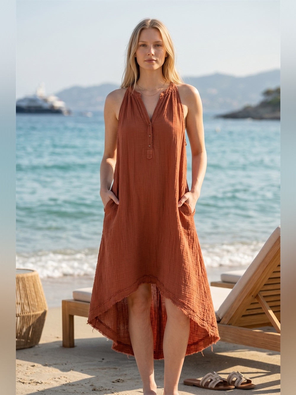 Ocean + Main Los Angeles Terracotta Cotton Gauze Midi Dress W/ Pockets Size 1X